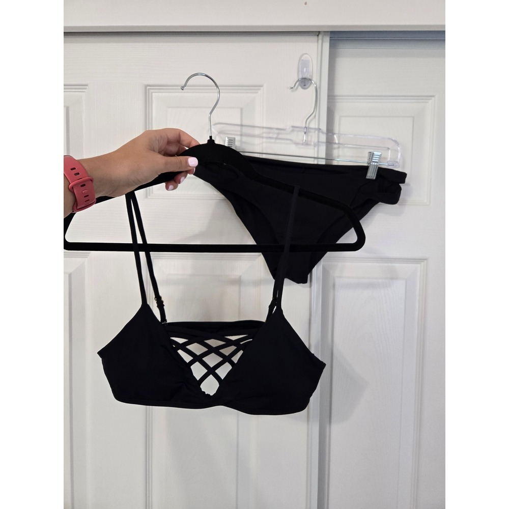 L*Space Black Lattice Strappy Bikini Set Bralette Top M Low Rise Bottom L